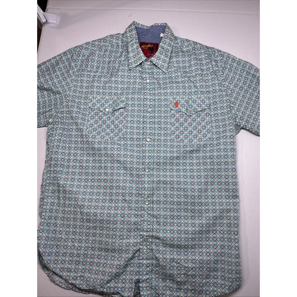 Rodeo Clothing Co Men's Teal Geometric Button Down shirt XL Pearl Snap Western